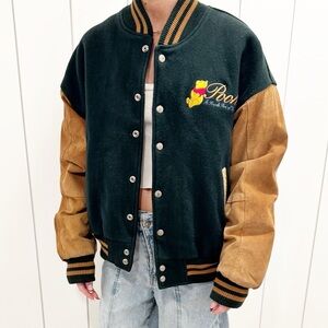 Vtg 90s Disney Studio Editions Winnie the Pooh Varsity Jacket - Leather Sleeves
